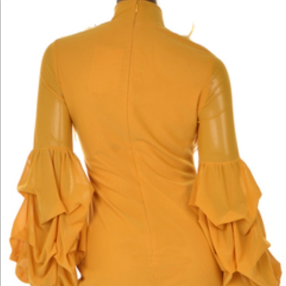 Mustard Long Sleeve Feathered Dress - Picture 5 of 6